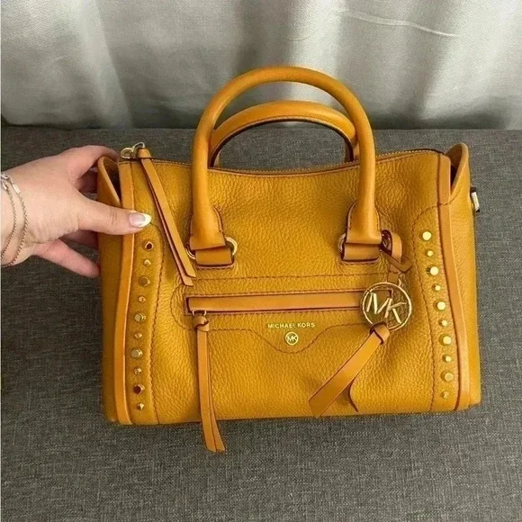 Michael Kors Carine Carmel Small Studded Pebbled Leather Satchel - Picture 2 of 11